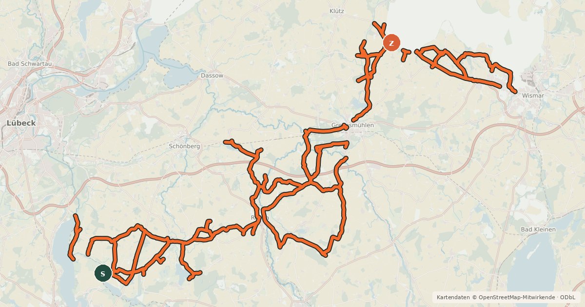 Kartenübersicht der Radroute Radverkehrsnetz Nordwest-Mecklenburg