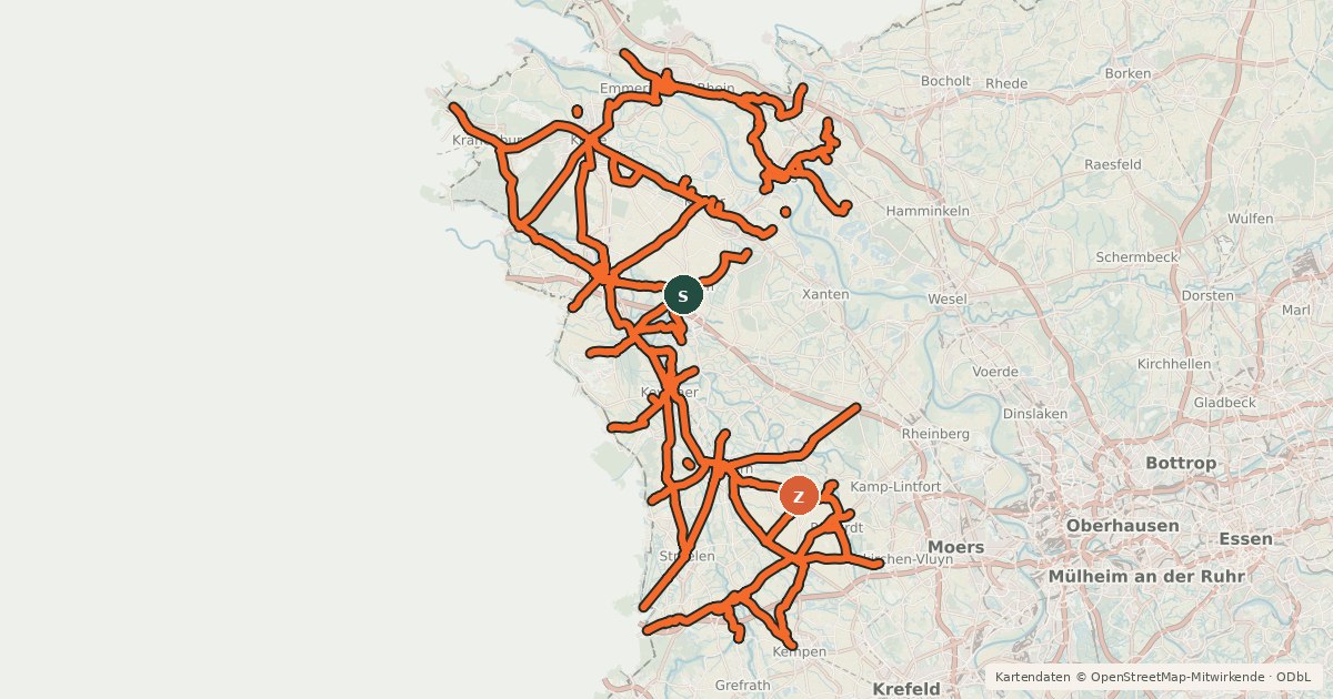 Kartenübersicht der Radroute Radverkehrsnetz NRW, Kreis Kleve