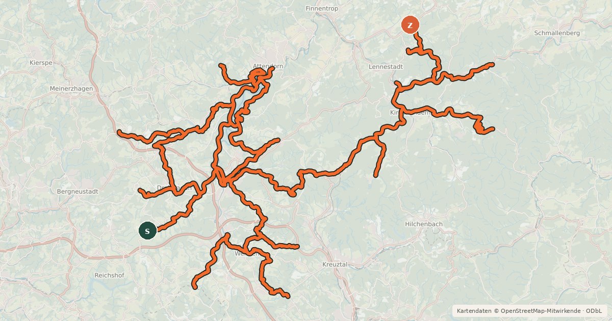 Kartenübersicht der Radroute Radverkehrsnetz NRW, Kreis Olpe