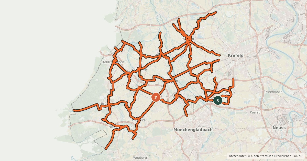 Kartenübersicht der Radroute Radverkehrsnetz NRW, Kreis Viersen