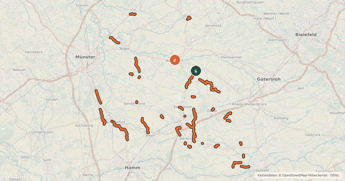 Kartenübersicht der Radroute Radverkehrsnetz NRW, Kreis Warendorf
