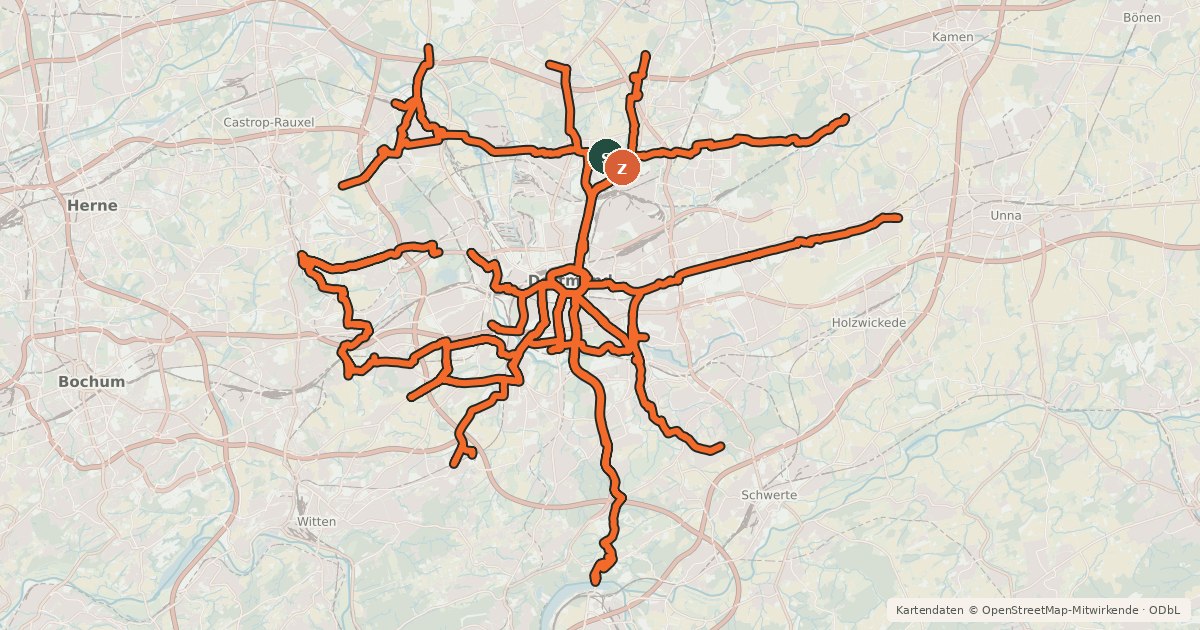 Kartenübersicht der Radroute Radverkehrsnetz NRW, Stadt Dortmund
