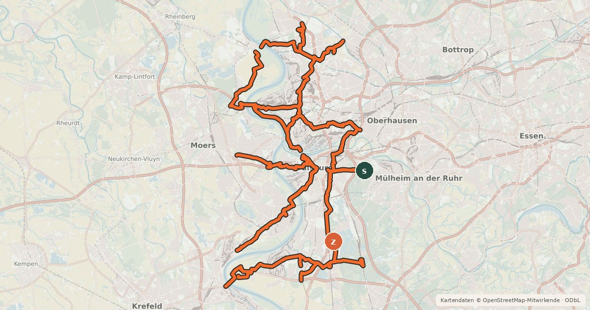 Kartenübersicht der Radroute Radverkehrsnetz NRW, Stadt Duisburg