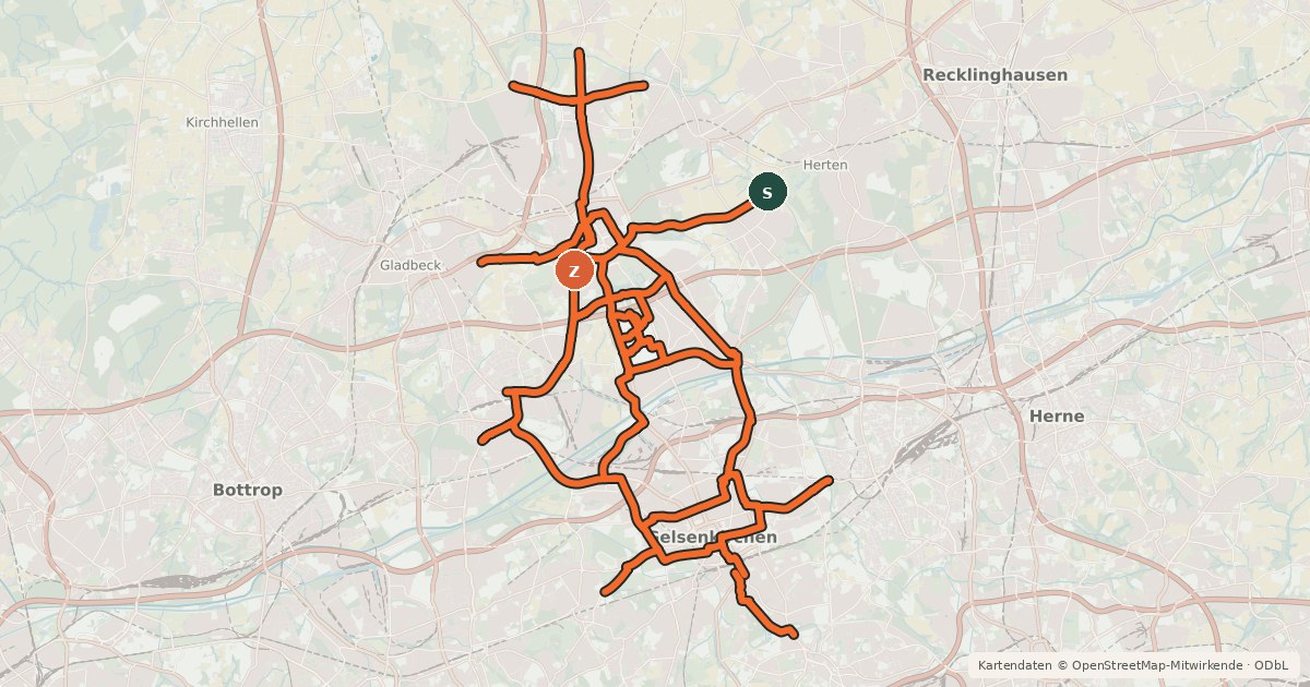 Kartenübersicht der Radroute Radverkehrsnetz NRW, Stadt Gelsenkirchen