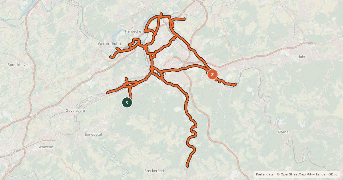Kartenübersicht der Radroute Radverkehrsnetz NRW, Stadt Hagen