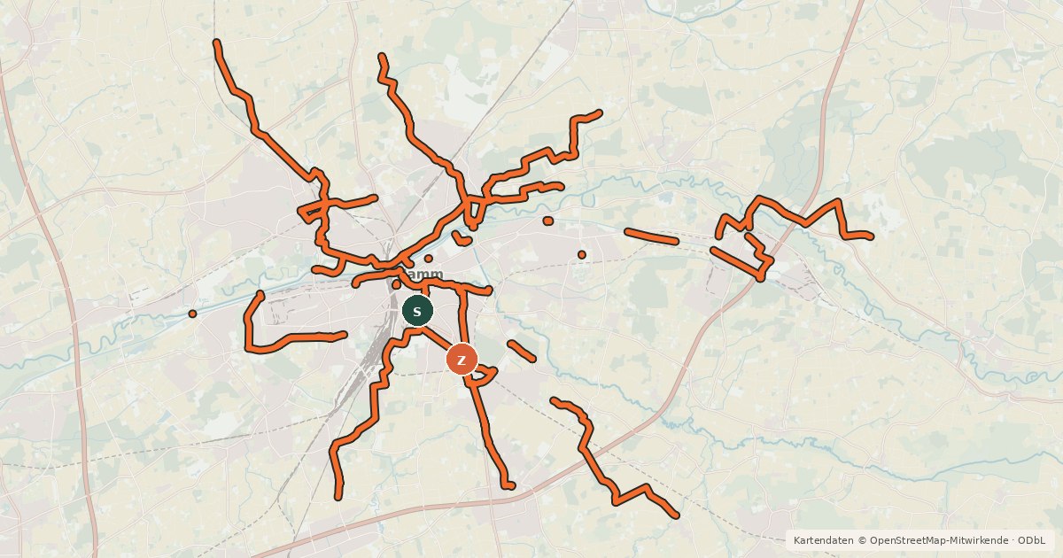 Kartenübersicht der Radroute Radverkehrsnetz NRW, Stadt Hamm