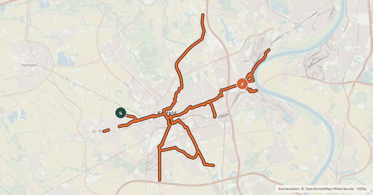Kartenübersicht der Radroute Radverkehrsnetz NRW, Stadt Krefeld