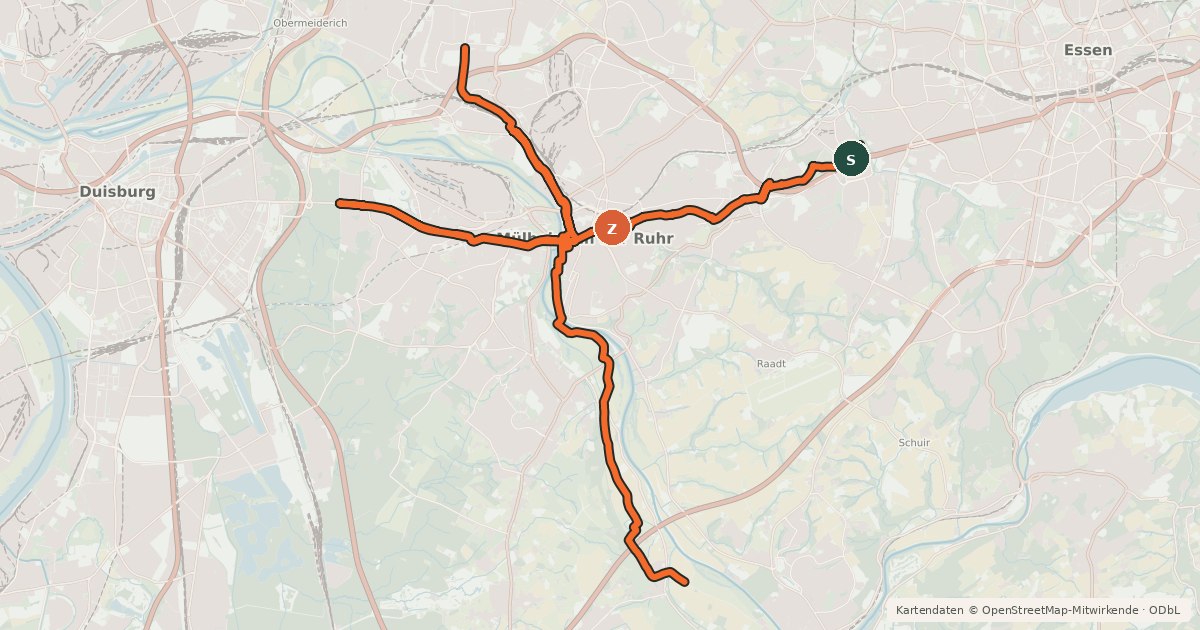 Kartenübersicht der Radroute Radverkehrsnetz NRW, Stadt Mülheim an der Ruhr