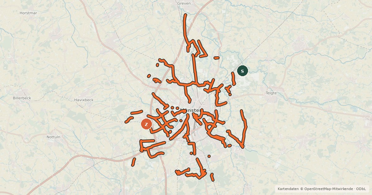 Kartenübersicht der Radroute Radverkehrsnetz NRW, Stadt Münster