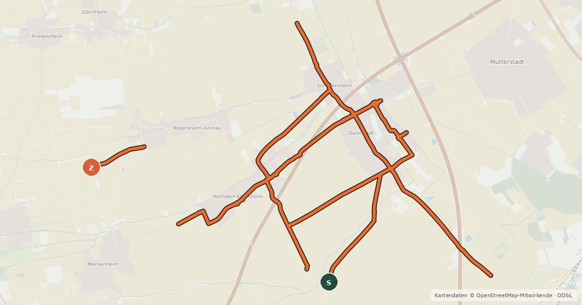 Kartenübersicht der Radroute Radverkehrsnetz RP-Dannstadt-Schauernheim