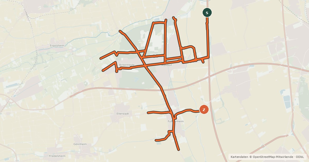 Kartenübersicht der Radroute Radverkehrsnetz RP-Maxdorf