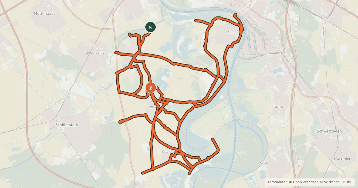 Kartenübersicht der Radroute Radverkehrsnetz RP-Rheinauen