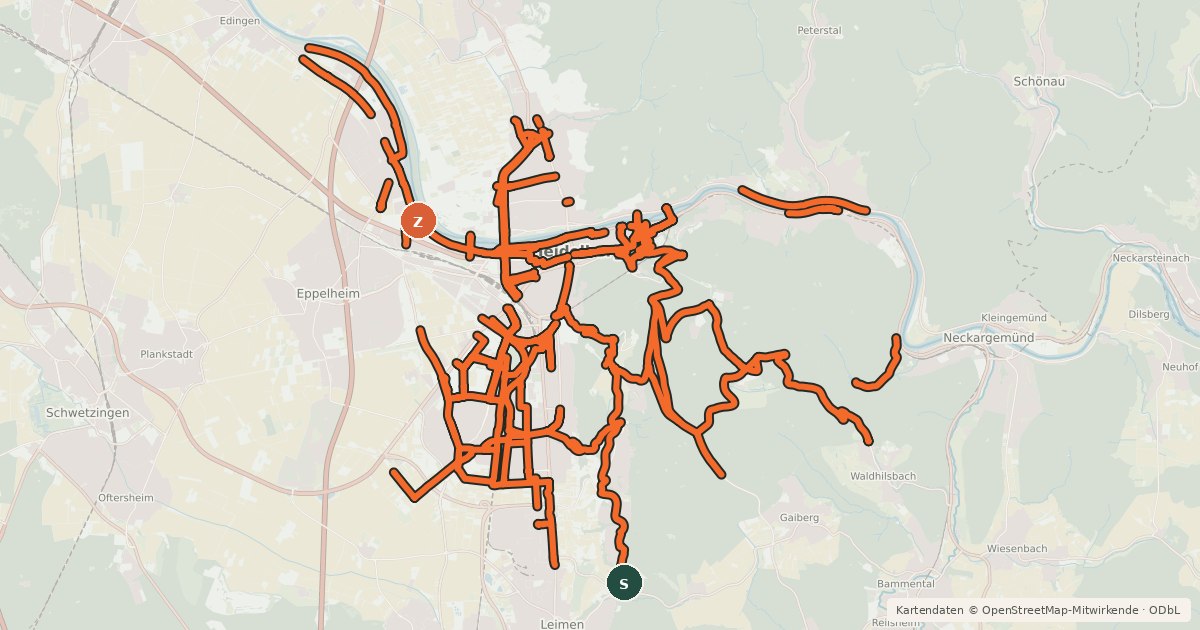 Kartenübersicht der Radroute Radverkehrsnetz Stadt Heidelberg