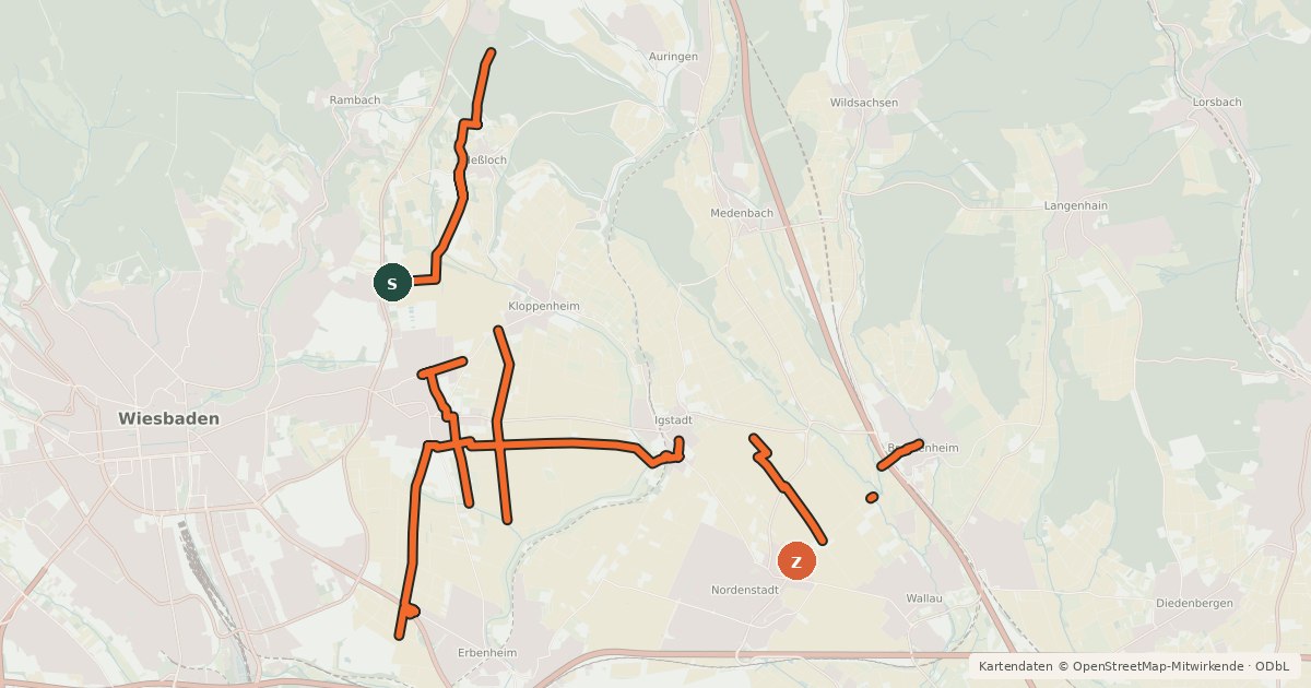 Kartenübersicht der Radroute Radverkehrswegenetz Wiesbaden