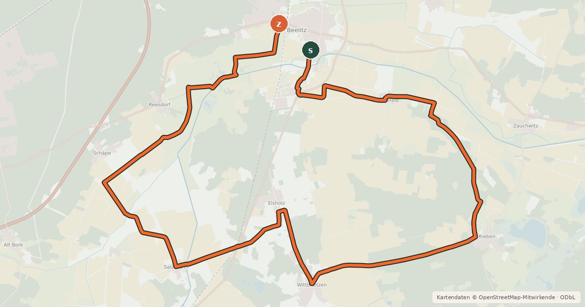 Kartenübersicht der Radroute Radwanderweg F5, Beelitz - Rieben - Beelitz