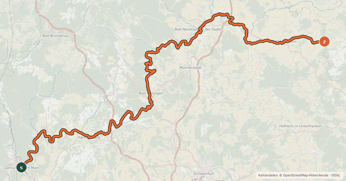 Kartenübersicht der Radroute Radwanderweg Fränkische Saale