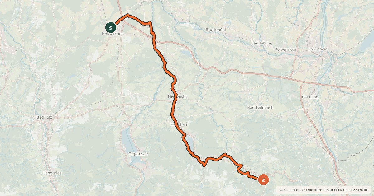 Kartenübersicht der Radroute Radwanderweg Holzkirchen - Bayrischzell