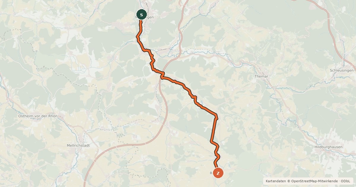 Kartenübersicht der Radroute Radwanderweg Meiningen-Römhild