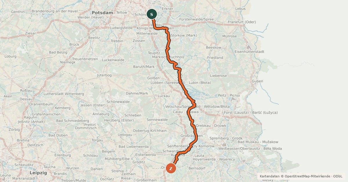Kartenübersicht der Radroute Radweg Berlin-Dresden [BB]