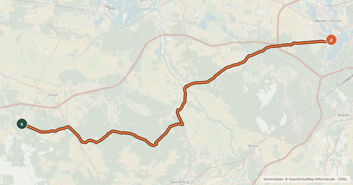 Kartenübersicht der Radroute Radweg Berlin-Hameln (Teilstrecke Brandenburg)