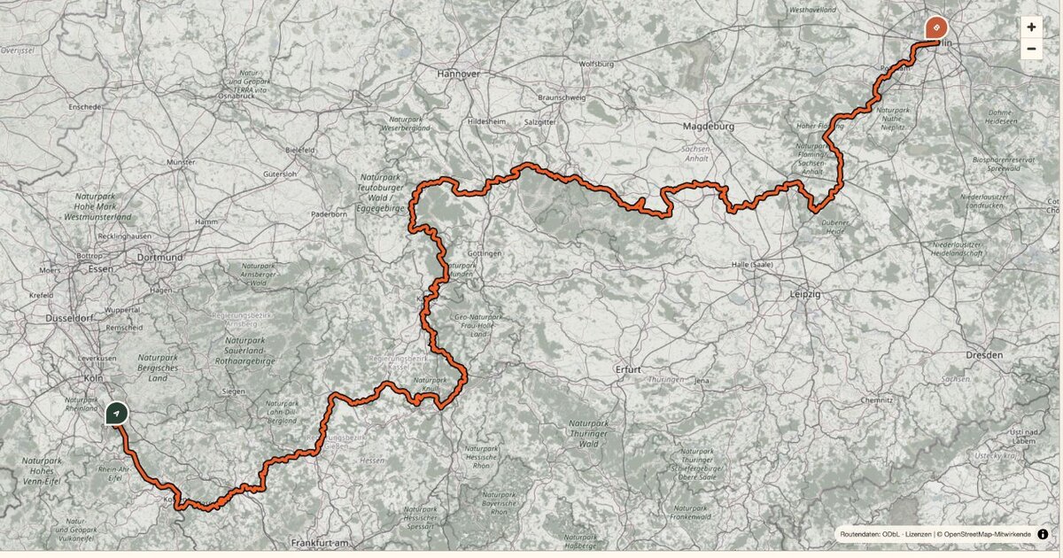 Kartenübersicht des Radwegs Deutsche Einheit von Bonn bis Dessau