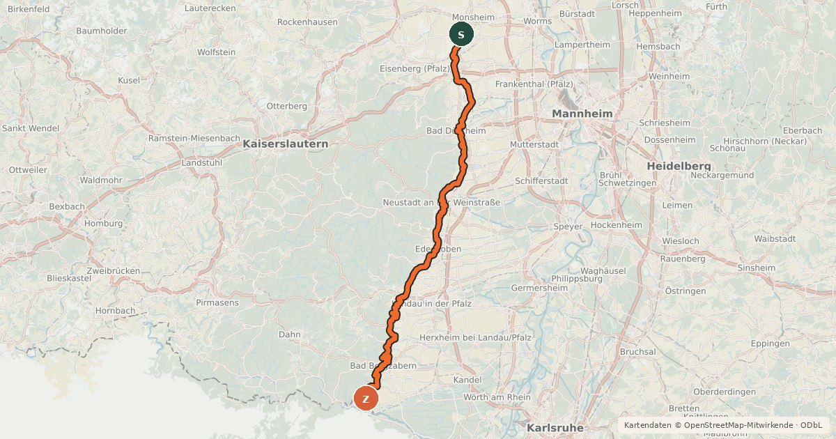 Kartenübersicht der Radroute Radweg Deutsche Weinstraße