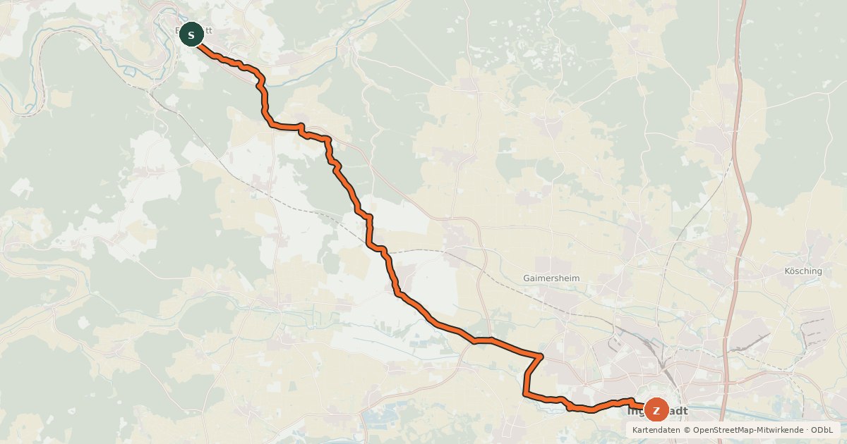Kartenübersicht der Radroute Radweg Eichstätt - Ingolstadt