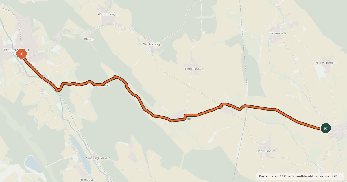 Kartenübersicht der Radroute Radweg Freden (Leine)-Altgandersheim