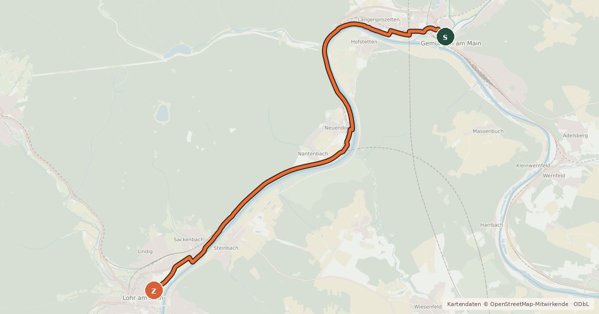 Kartenübersicht der Radroute Radweg Gemünden-Lohr rechtsmainisch