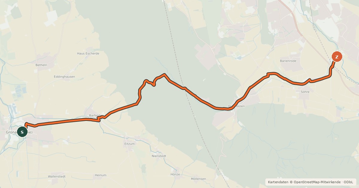 Kartenübersicht der Radroute Radweg Gronau (LHR)-Hildesheim OT Marienburg (RWZK)