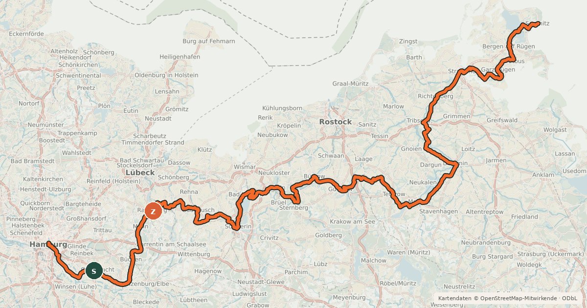 Kartenübersicht der Radroute Radweg Hamburg-Rügen