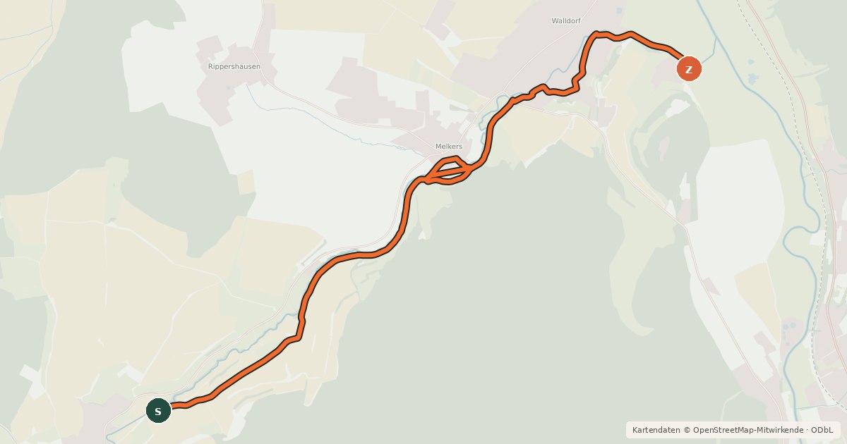 Kartenübersicht der Radroute Radweg Herpf-Walldorf