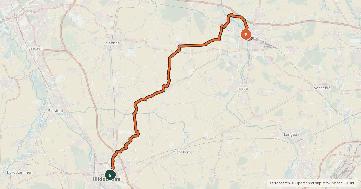 Kartenübersicht der Radroute Radweg Hildesheim-Peine