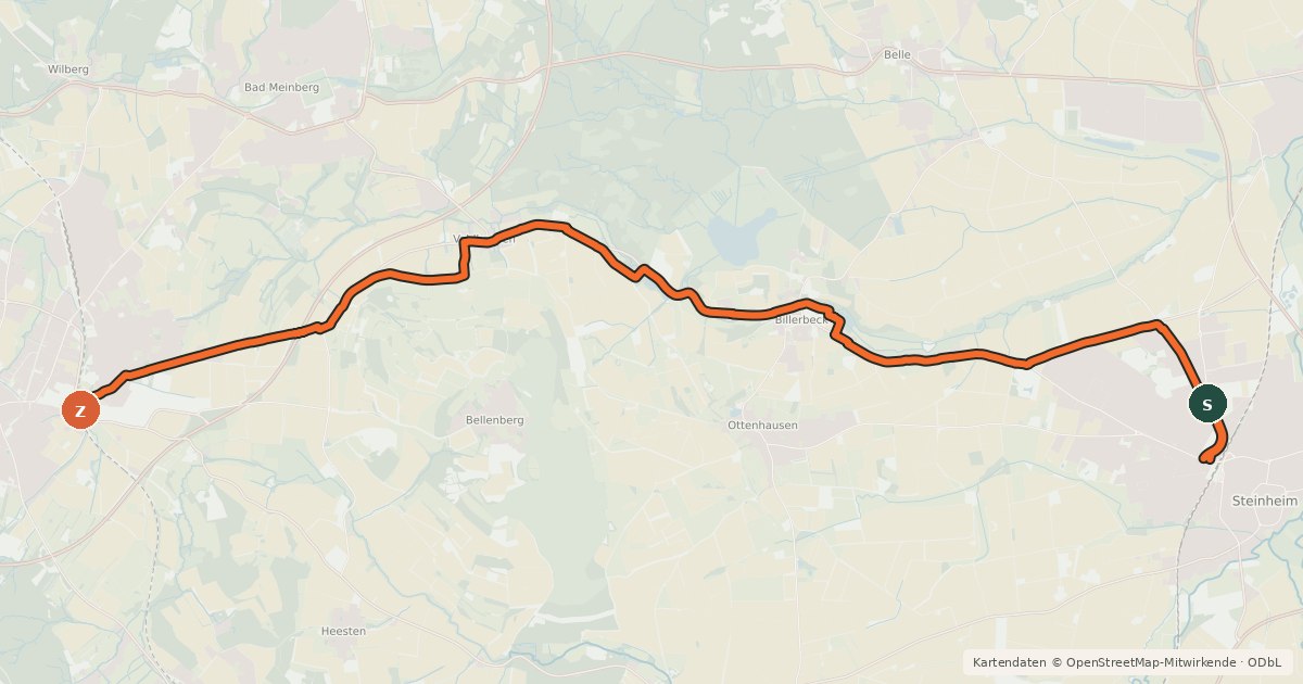 Kartenübersicht der Radroute Radweg Horn-Vahlhausen-Billerbeck-Steinheim