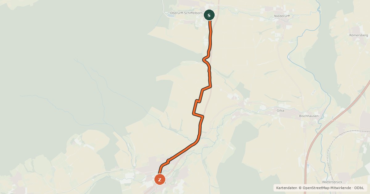 Kartenübersicht der Radroute Radweg Jesberg - Oberurff