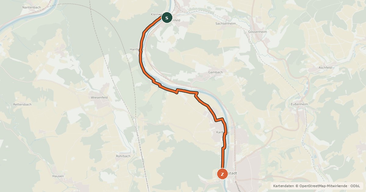 Kartenübersicht der Radroute Radweg Karlstadt-Wernfeld linksmainisch