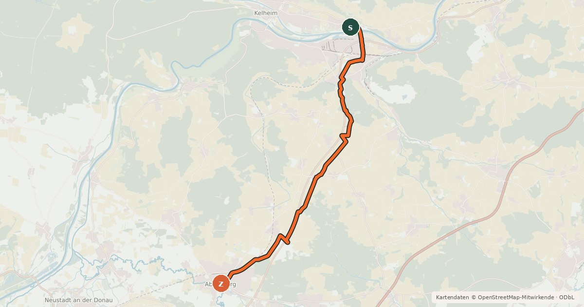 Kartenübersicht der Radroute Radweg Kelheim-Abensberg