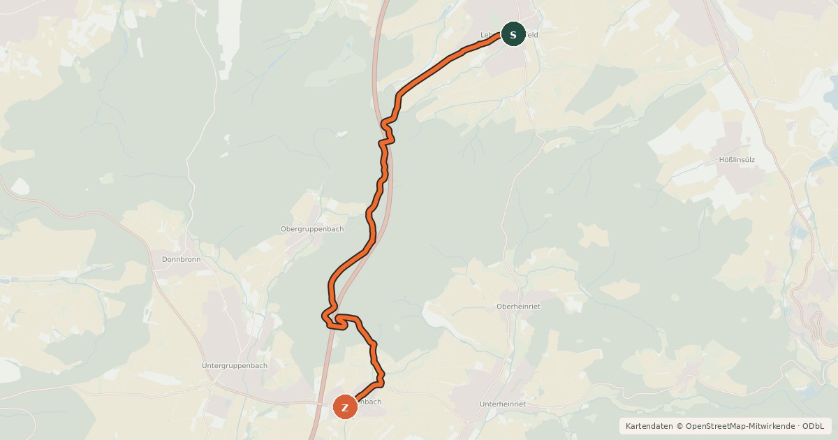 Kartenübersicht der Radroute Radweg Lehrensteinsfeld - Happenbach