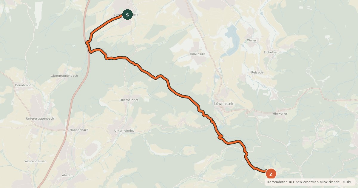 Kartenübersicht der Radroute Radweg Lehrensteinsfeld - Stocksberg