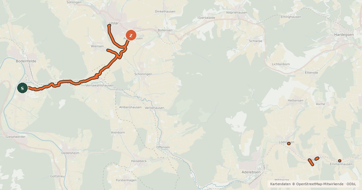 Kartenübersicht der Radroute Radweg Lippoldsberg-Uslar