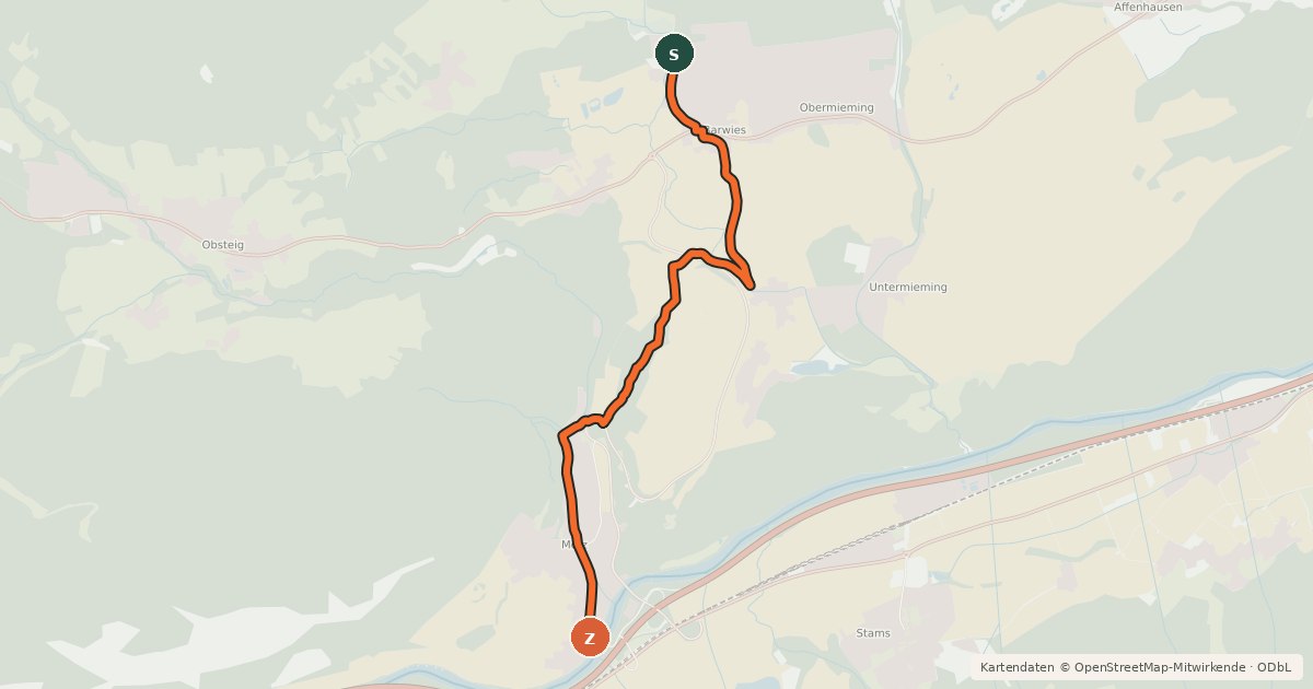 Kartenübersicht der Radroute Radweg Mötz