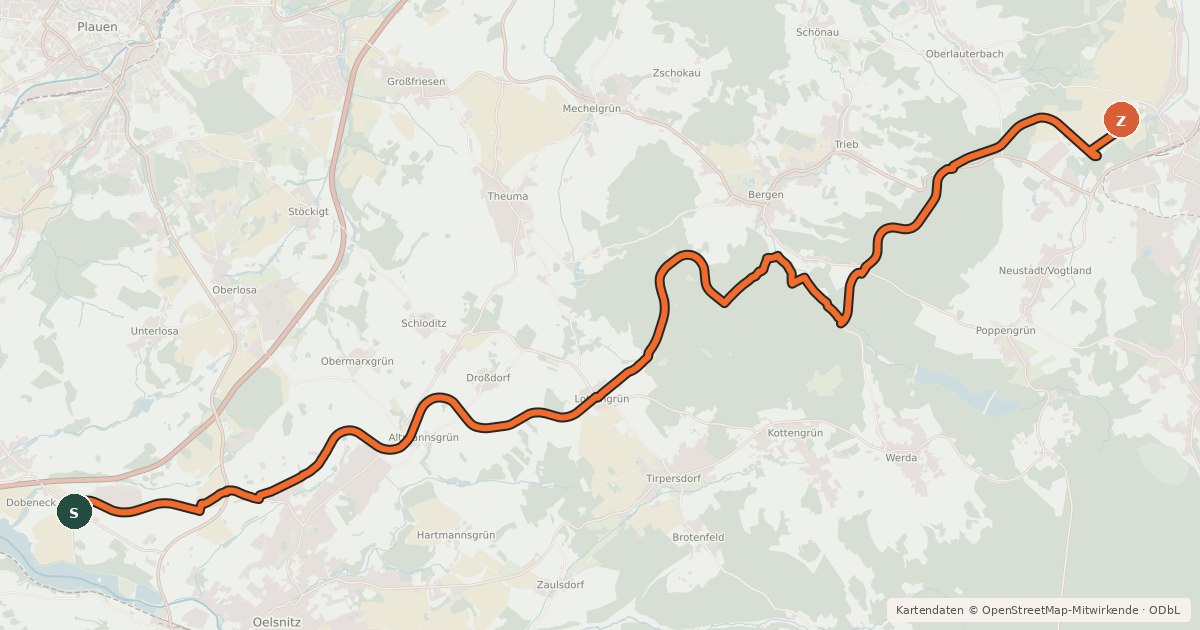 Kartenübersicht der Radroute Radweg Oelsnitz - Falkenstein