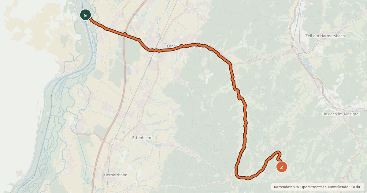 Kartenübersicht der Radroute Radweg Rhein-Schuttertal