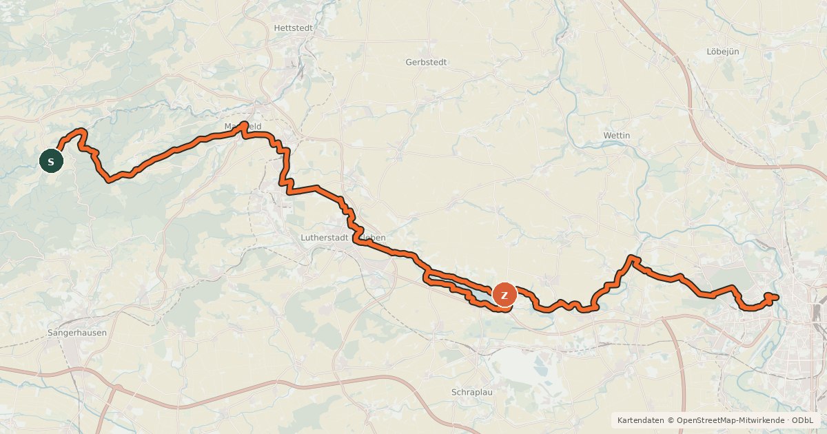 Kartenübersicht der Radroute Radweg Saale-Harz