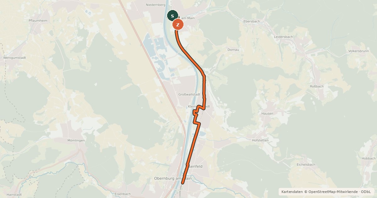Kartenübersicht der Radroute Radweg Sulzbach Elsenfeld