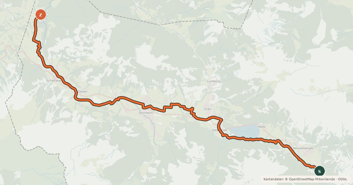 Kartenübersicht der Radroute Radweg Tannheimertal