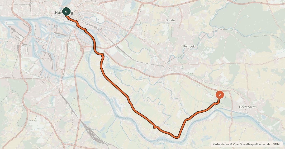 Kartenübersicht der Radroute Radweg "Vier und Marschlande"