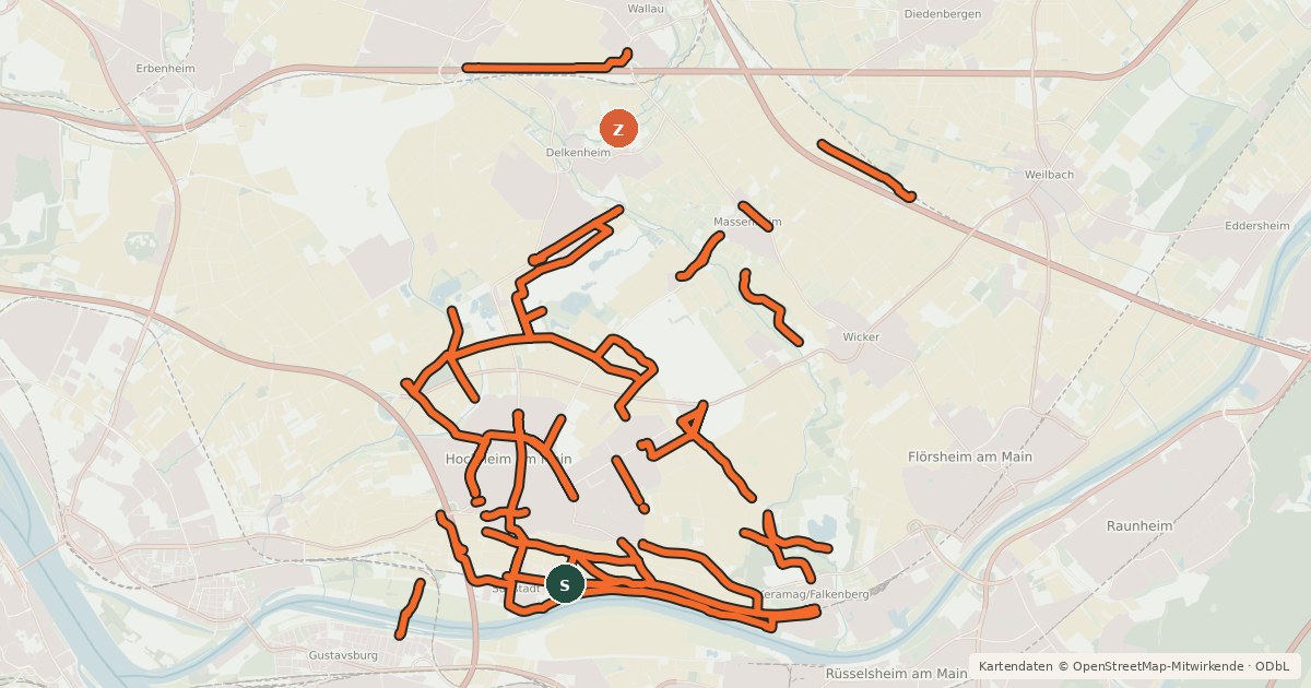Kartenübersicht der Radroute Radwegenetz Hochheim