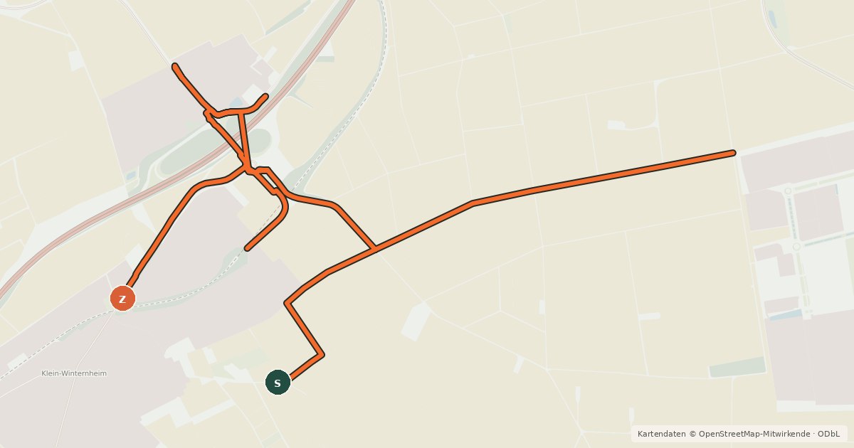 Kartenübersicht der Radroute Radwegenetz Klein-Winternheim