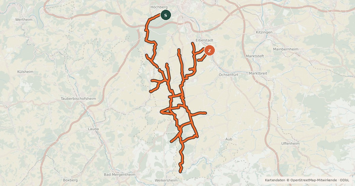 Kartenübersicht der Radroute Radwegenetz Landkreis Würzburg Süd